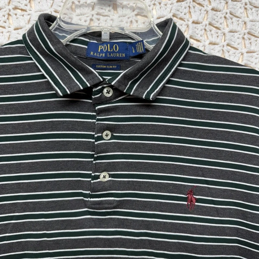 Polo Ralph Lauren Polo Shirt Mens L Gray Green Striped Custom Slim Fit